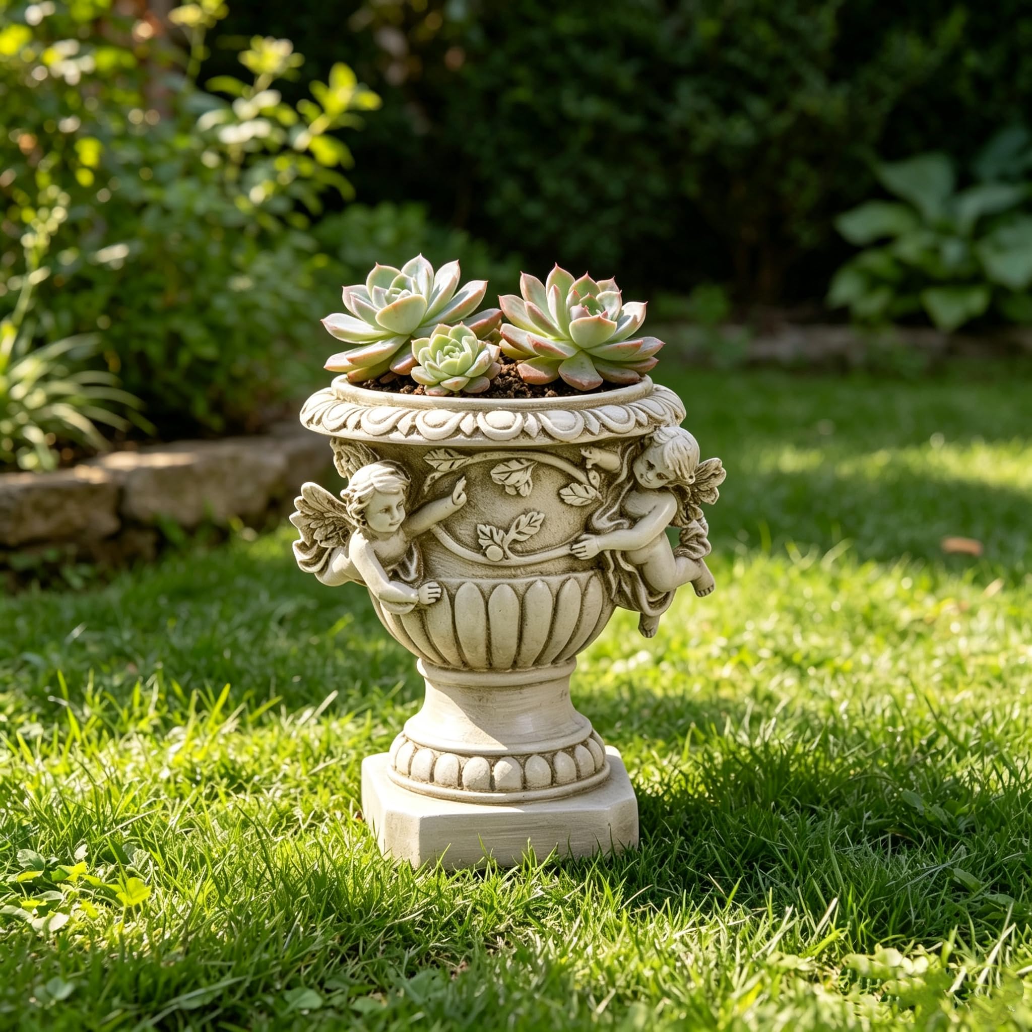 Floryden cherub planter on patio rail demonstrating outdoor decorative use