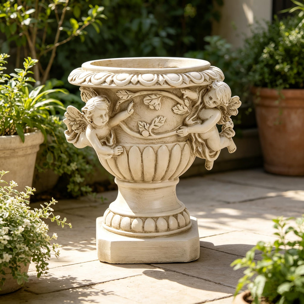 Floryden cherub planter next to a book for size comparison and scale