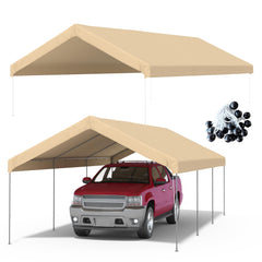 FLOUREE front view of 10x20 canopy top showing full beige coverage and weather protection