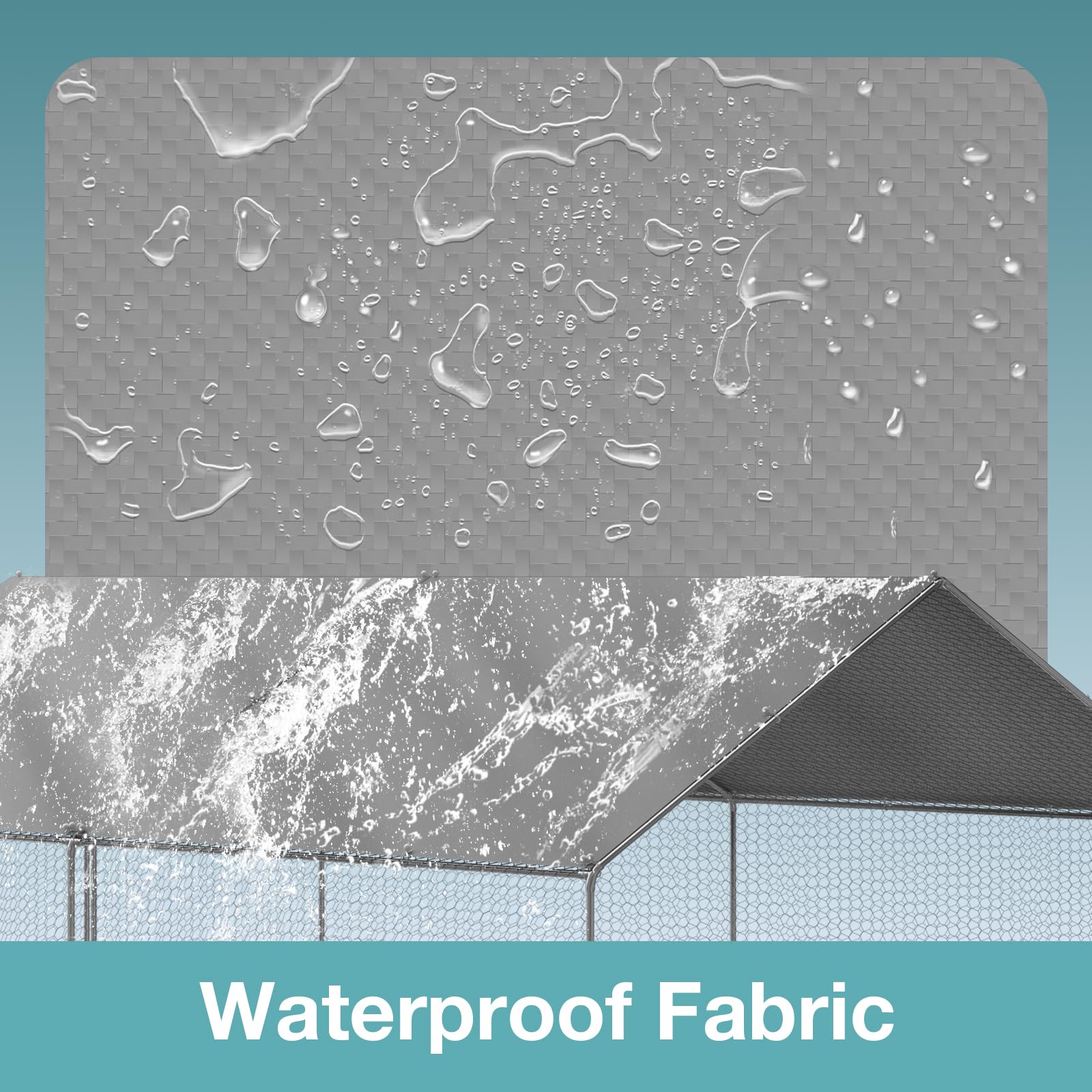 FLOUREE cover installed on coop showing rain protection in use