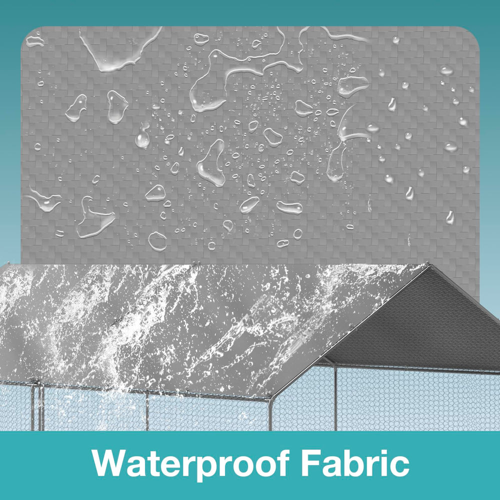 FLOUREE cover installed on coop showing rain protection in use