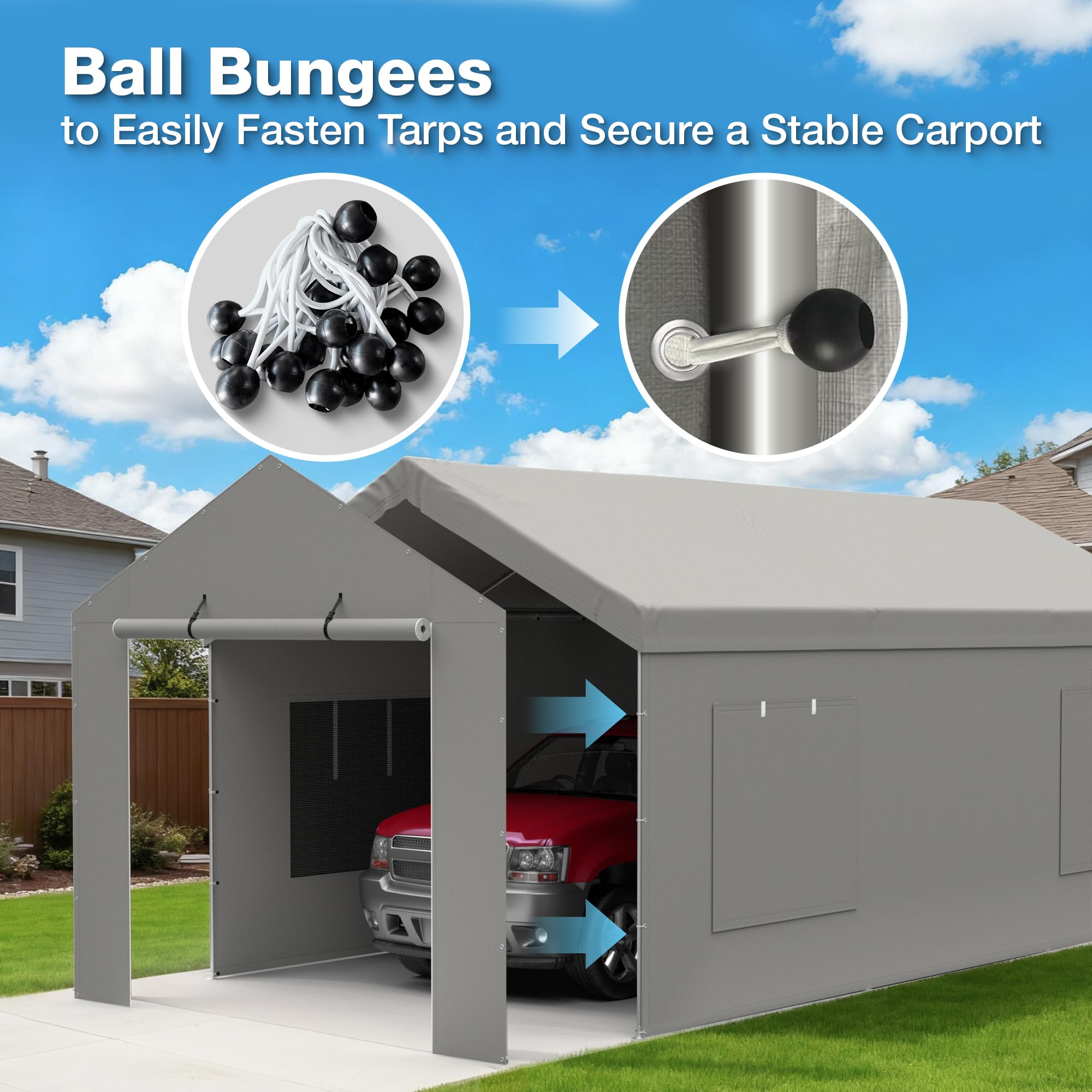 FLOUREE metal eyelet and bungee detail for fast secure installation