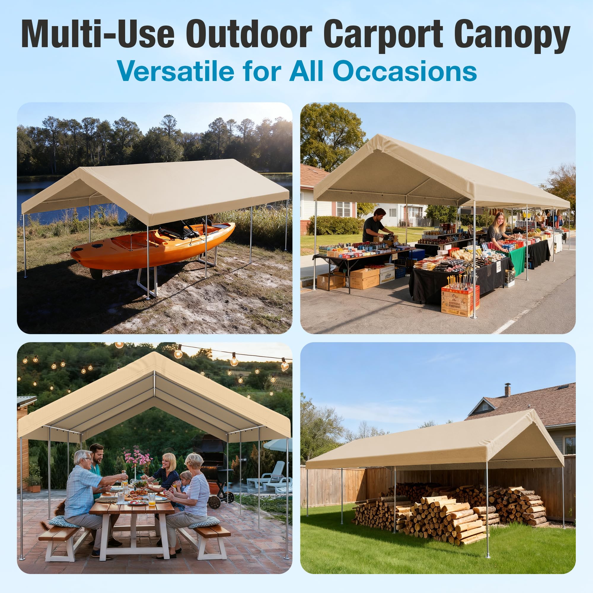 FLOUREE lifestyle shot of canopy sheltering a driveway and outdoor equipment