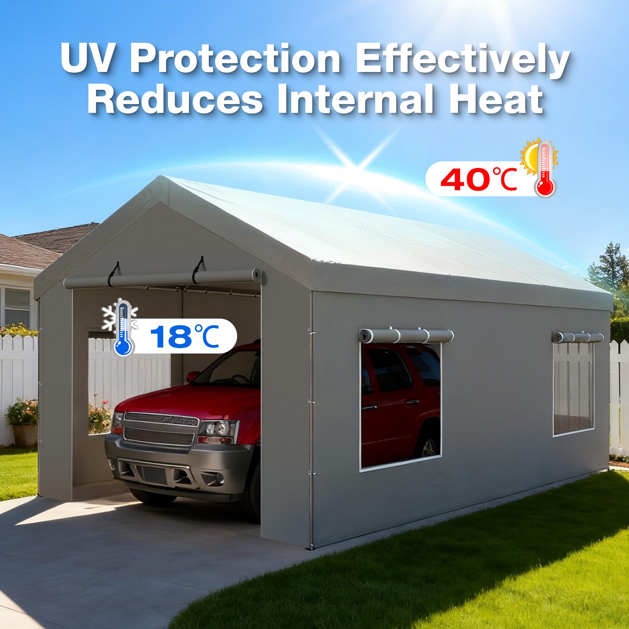 FLOUREE panel beside a car demonstrating fit for 10x20 carport protection