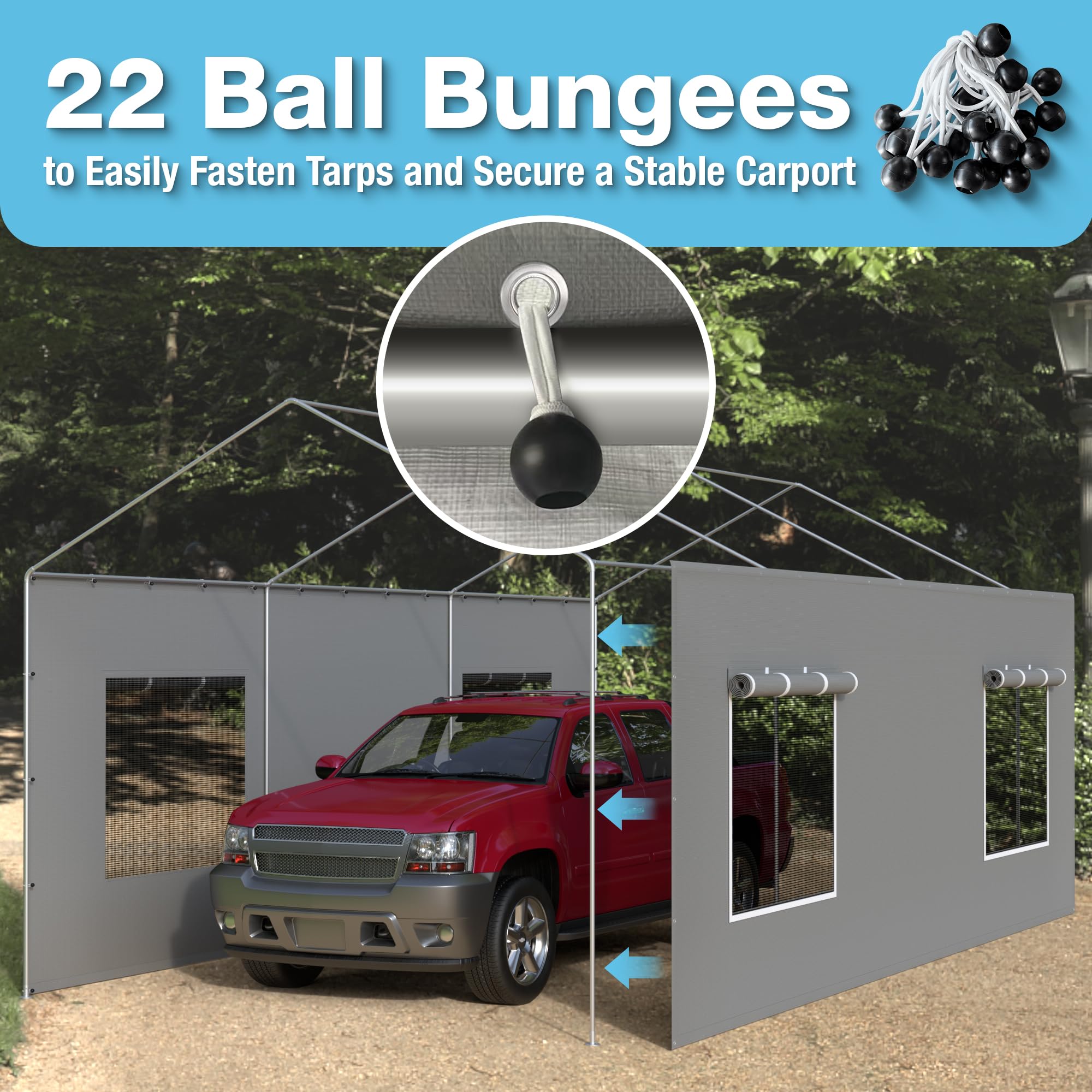 FLOUREE size comparison with car showing 20x6.6ft coverage for vehicles