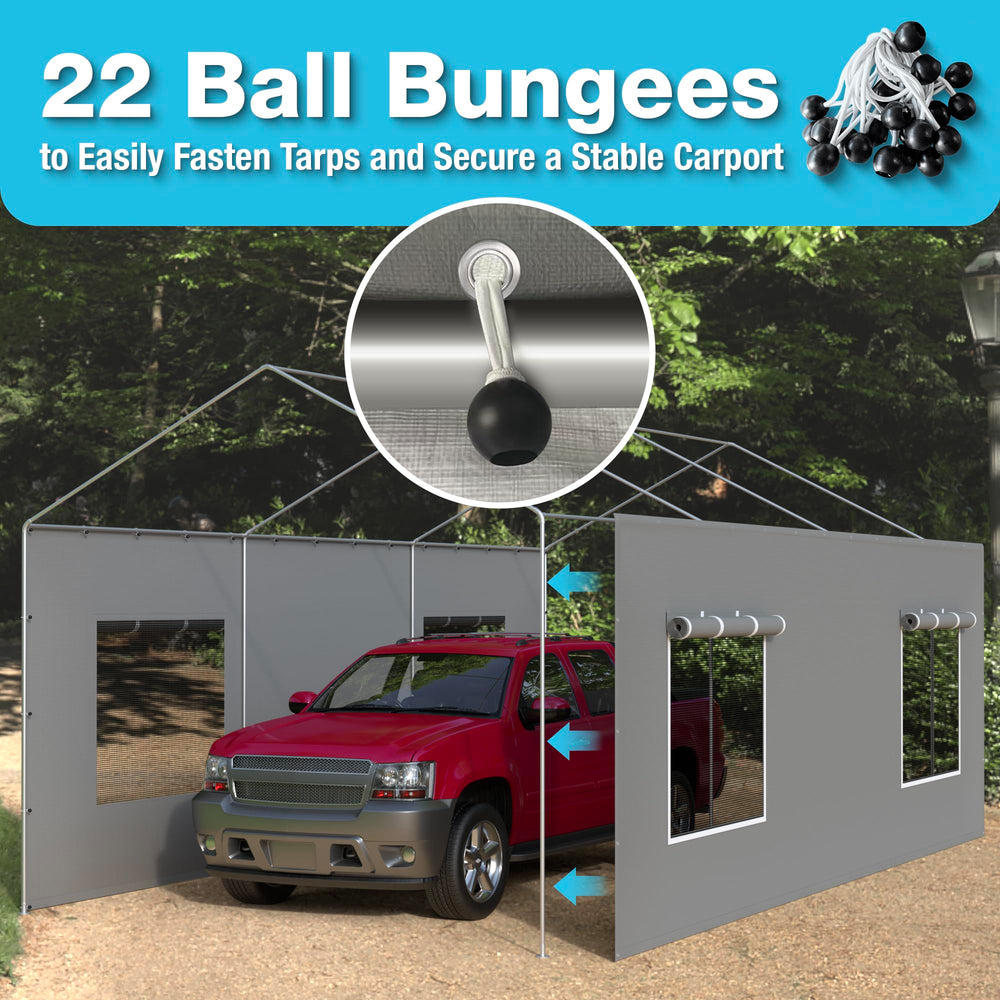 FLOUREE size comparison with car showing 20x6.6ft coverage for vehicles