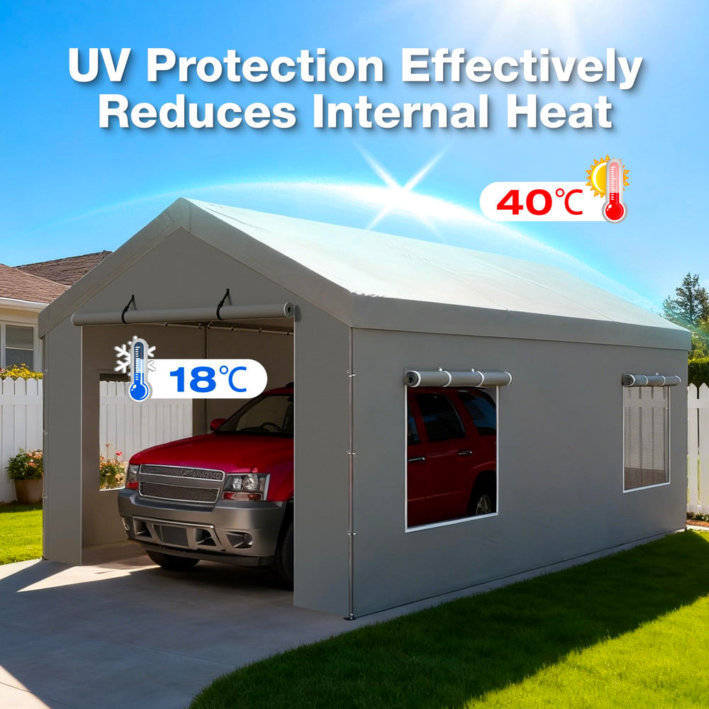 FLOUREE panel beside a car demonstrating fit for 10x20 carport protection