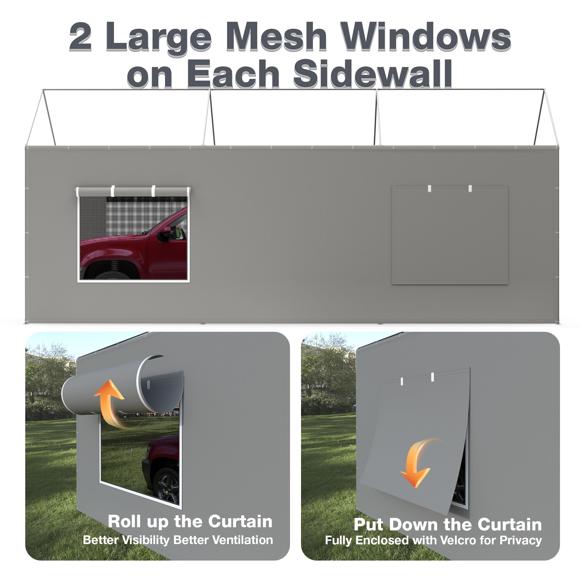 FLOUREE zippered roll-up window detail showing ventilation and easy use