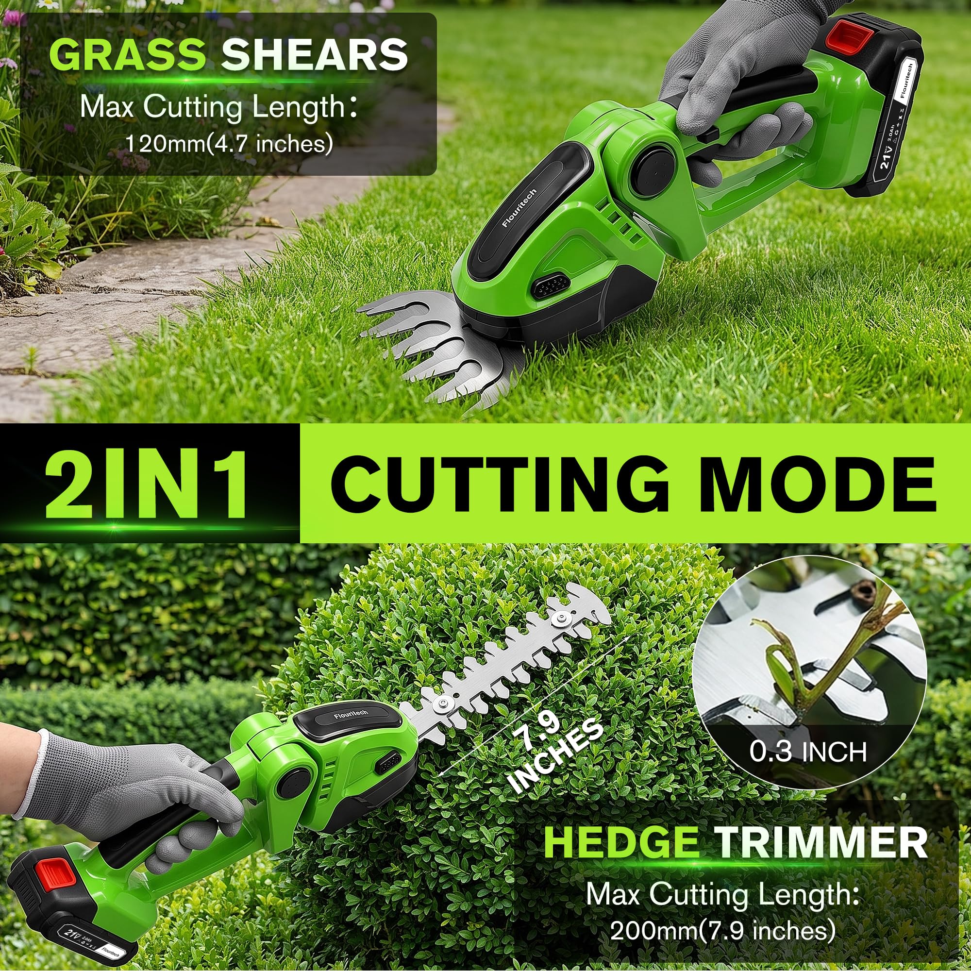 Flouritech close-up of 65Mn hedge blade highlighting sharp, corrosion-resistant edge