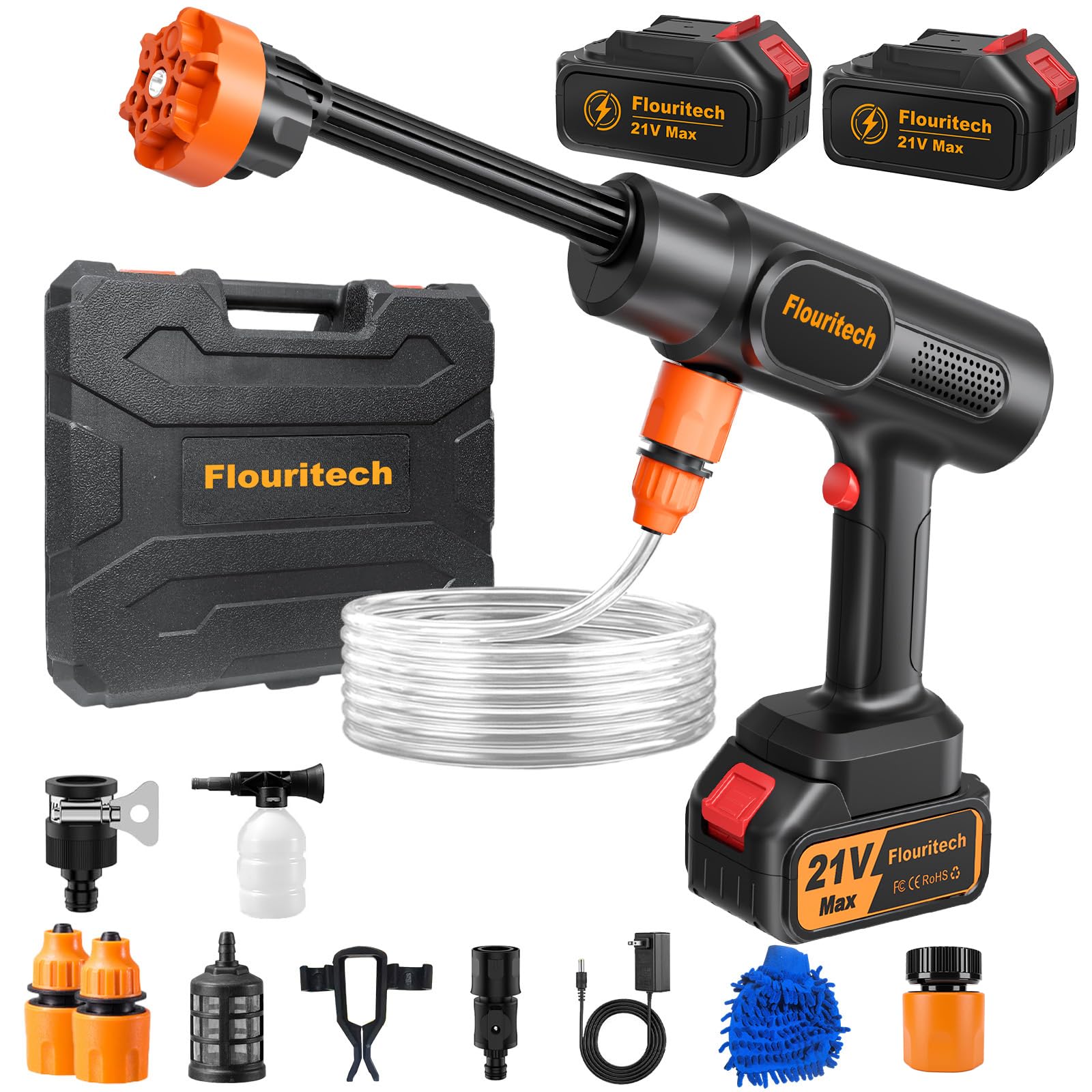 Flouritech front view of cordless pressure washer shows compact design and portability benefit