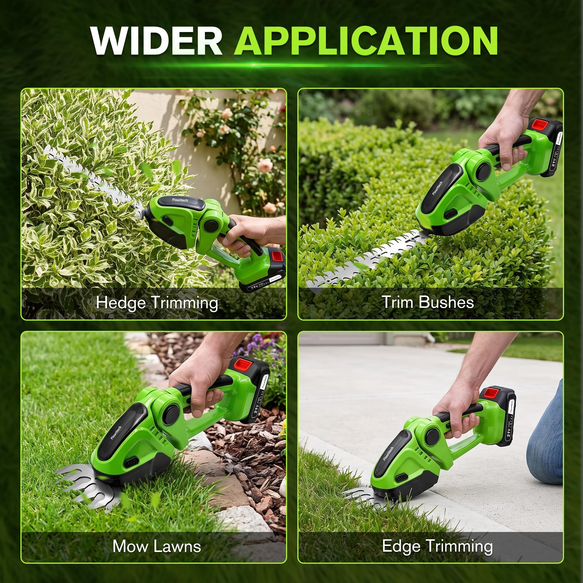 Flouritech trimmer in garden use trimming hedges demonstrating cordless freedom