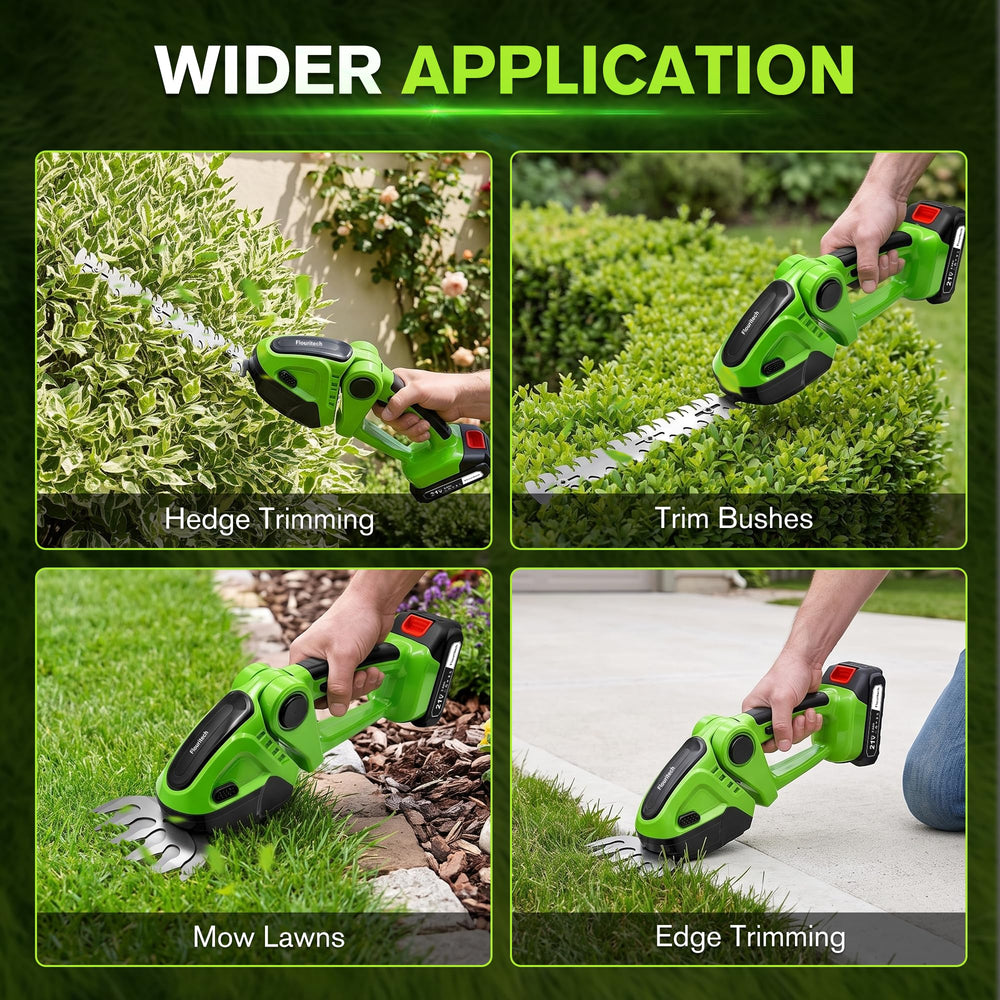 Flouritech trimmer in garden use trimming hedges demonstrating cordless freedom