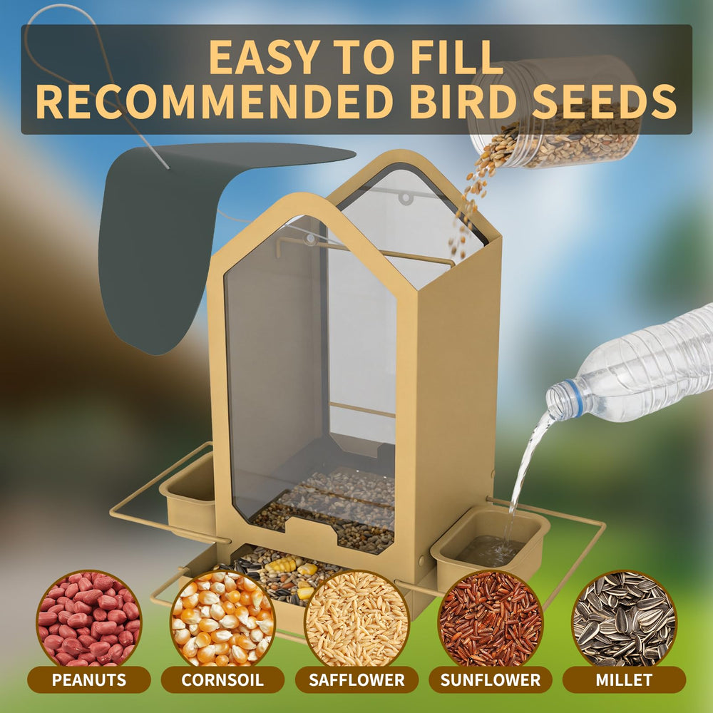 FlowaFoli feeder with birds on 360-degree perch demonstrating comfortable multiple feeding