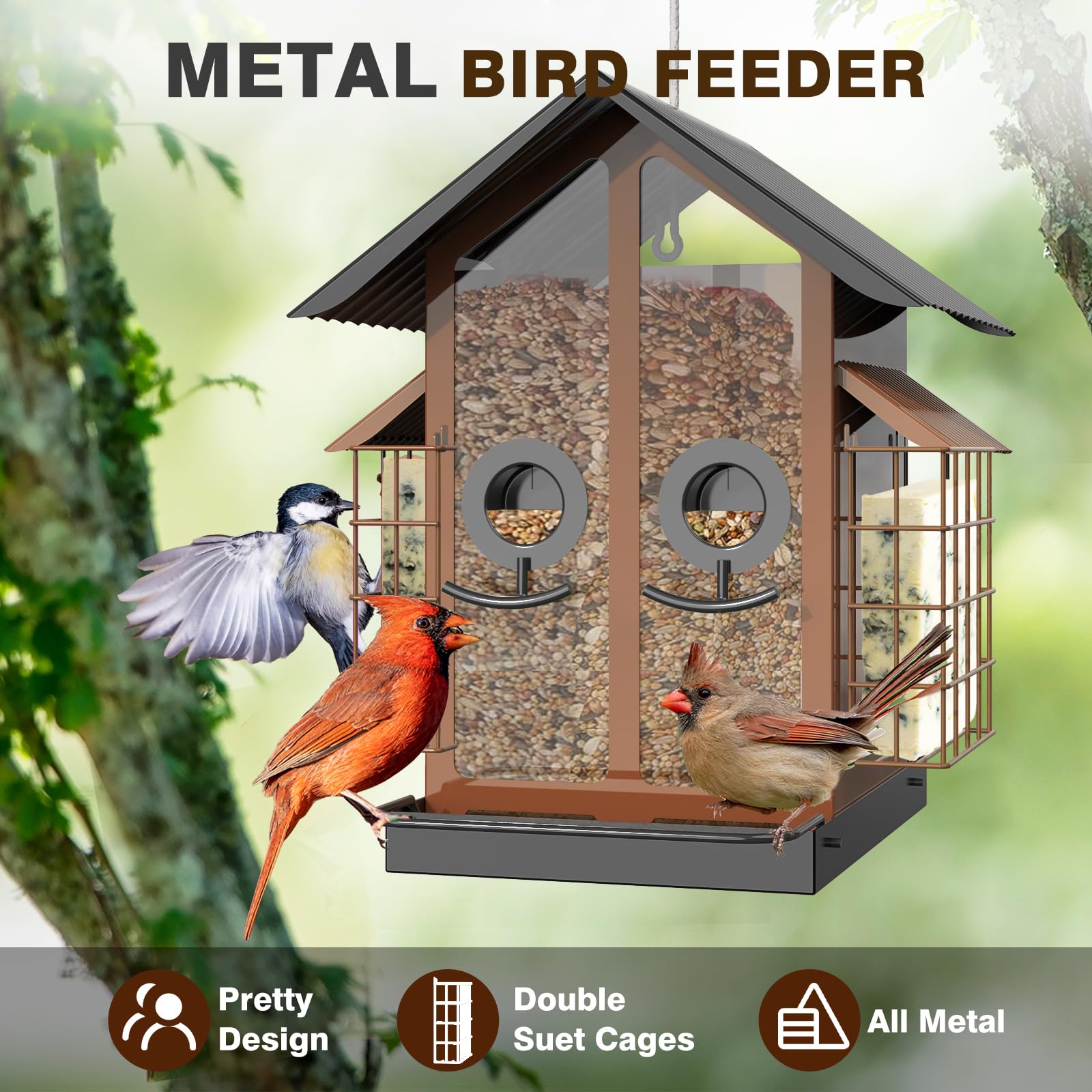 FlowaFoli dual suet cages holding suet and attracting insect-eating birds