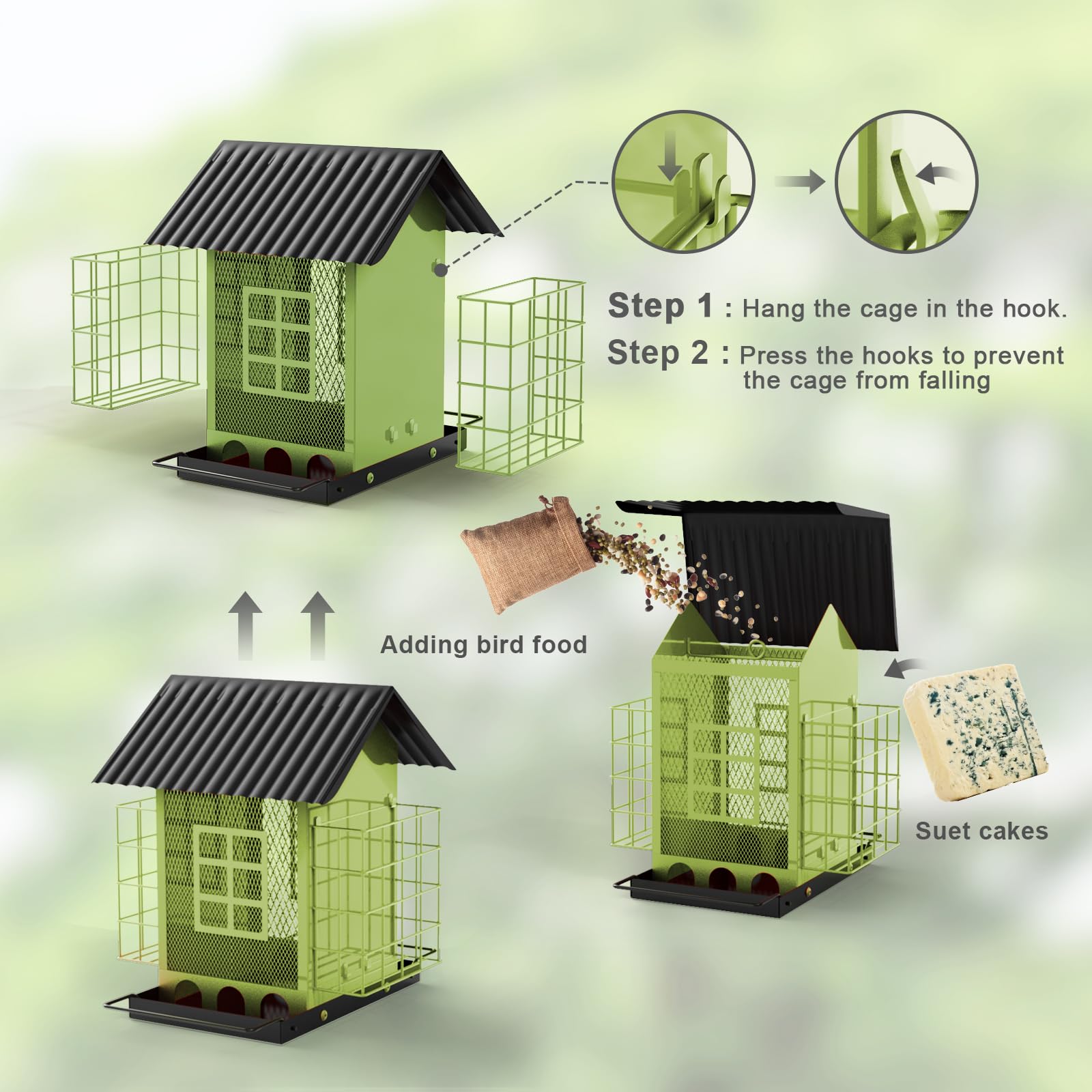 FlowaFoli feeder with multiple birds feeding showing stable accessibility