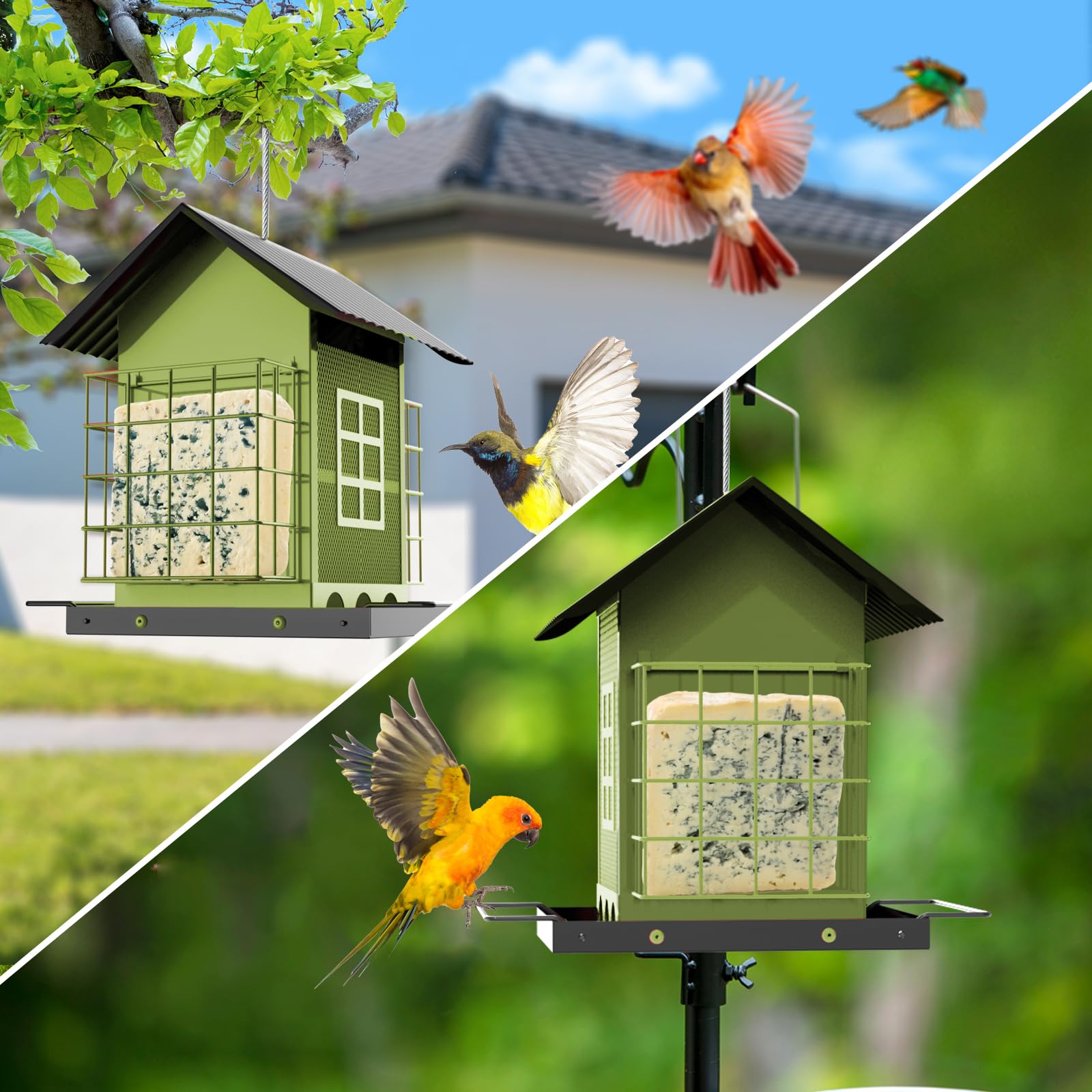 FlowaFoli feeder beside a scale demonstrating the 3.7 lb seed capacity