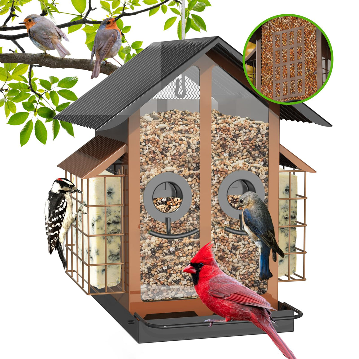FlowaFoli front view showing full feeder and easy-refill benefit