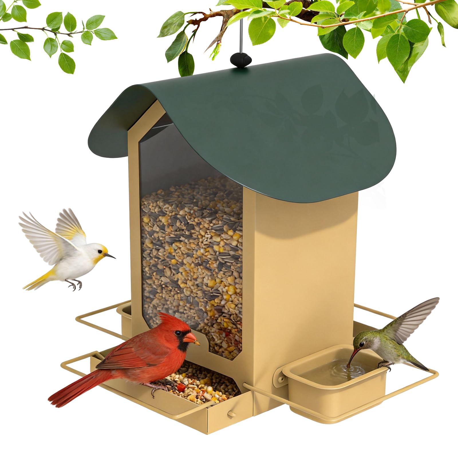 FlowaFoli front view hanging feeder showing easy-access lid and overall design to attract birds