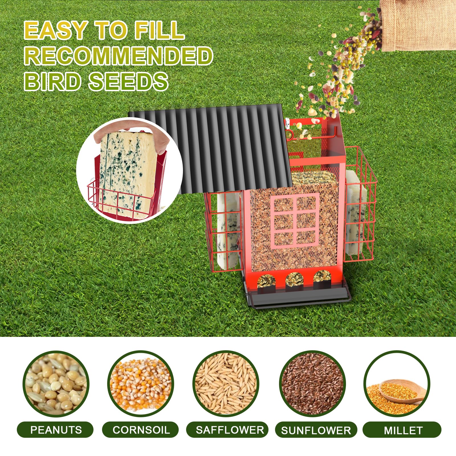 FlowaFoli seed window displaying large 3.7 lb capacity for fewer refills