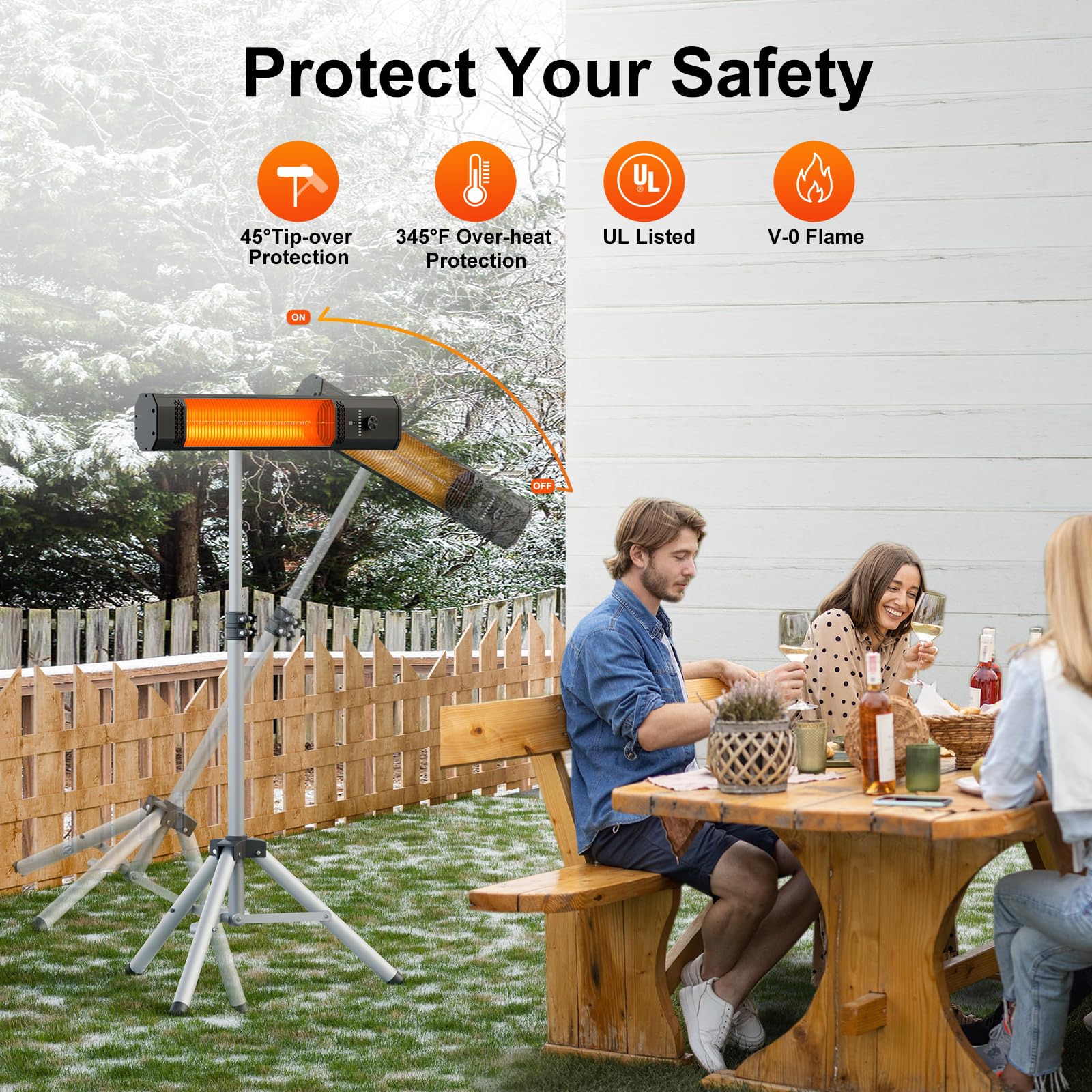 FLOWBREEZE heater warming outdoor dining scene showing cozy ambience