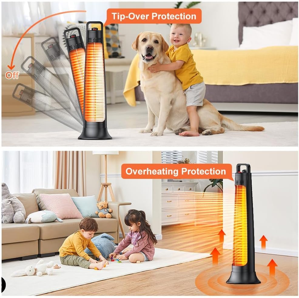 FLOWBREEZE safety features label showing overheat and tip-over protection benefit