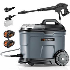 Flowmangol unit front packaging showing features and portability benefits