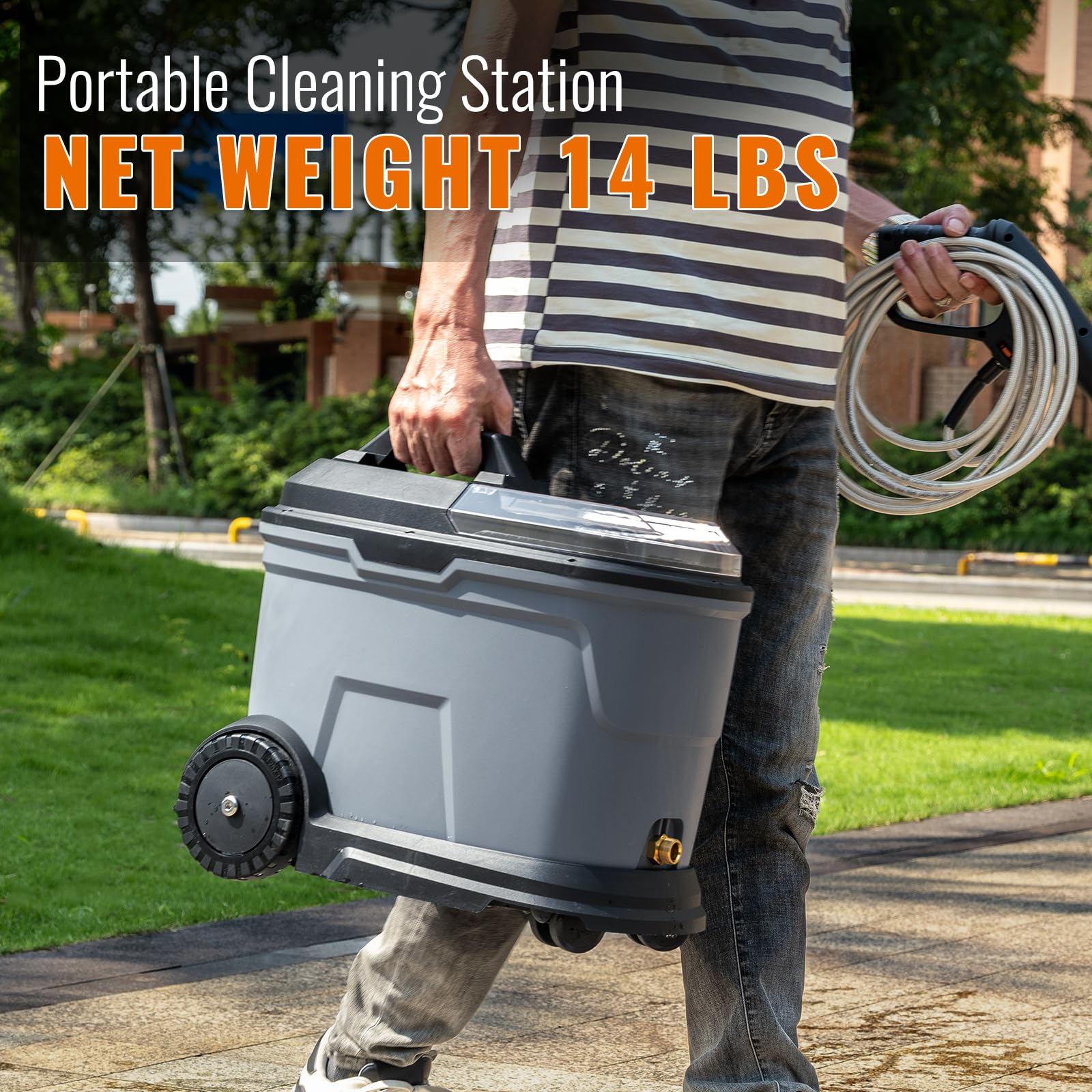 Flowmangol pressure washer in use cleaning a car for efficient rinsing