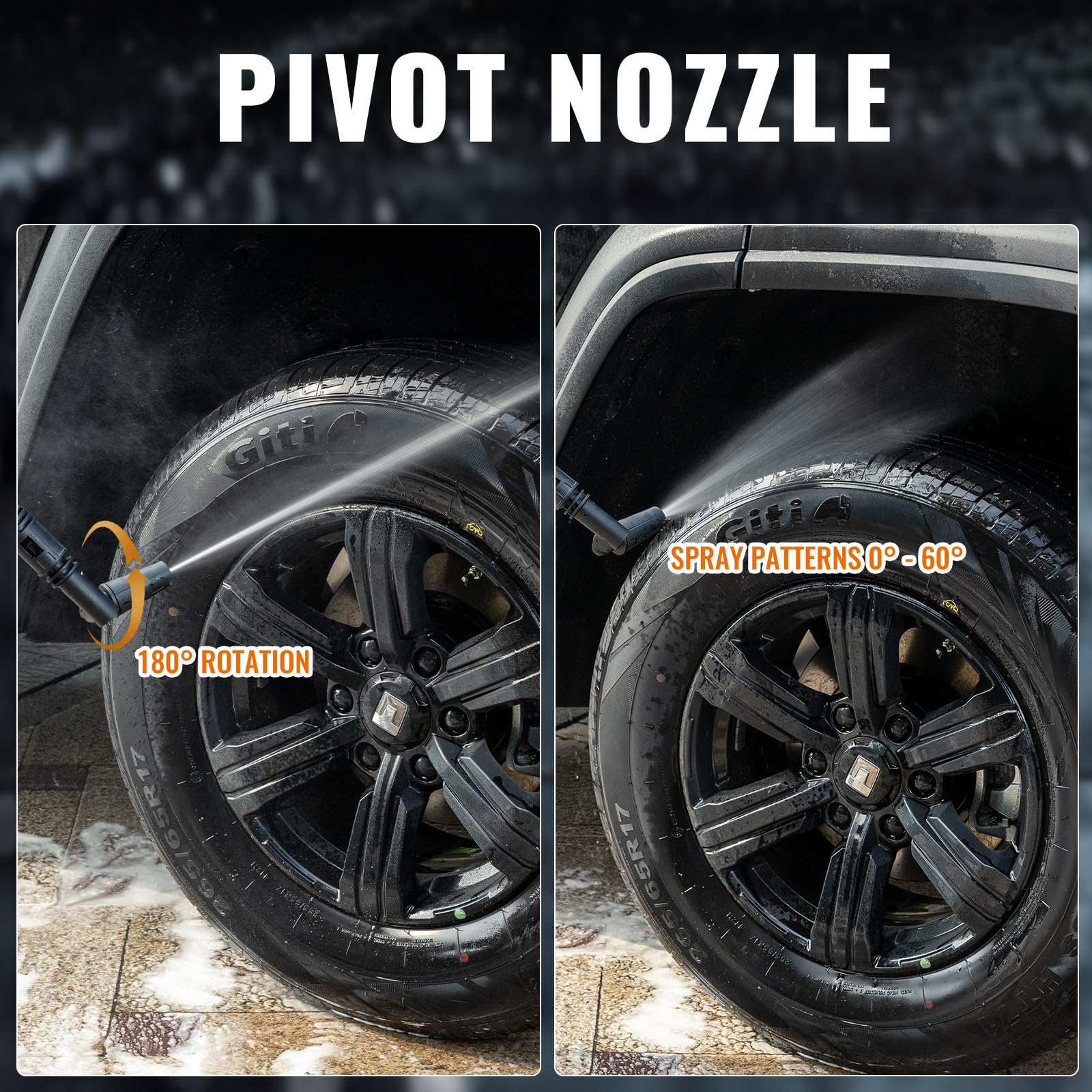 Flowmangol six-in-one and pivot nozzles illustrating versatile spray options