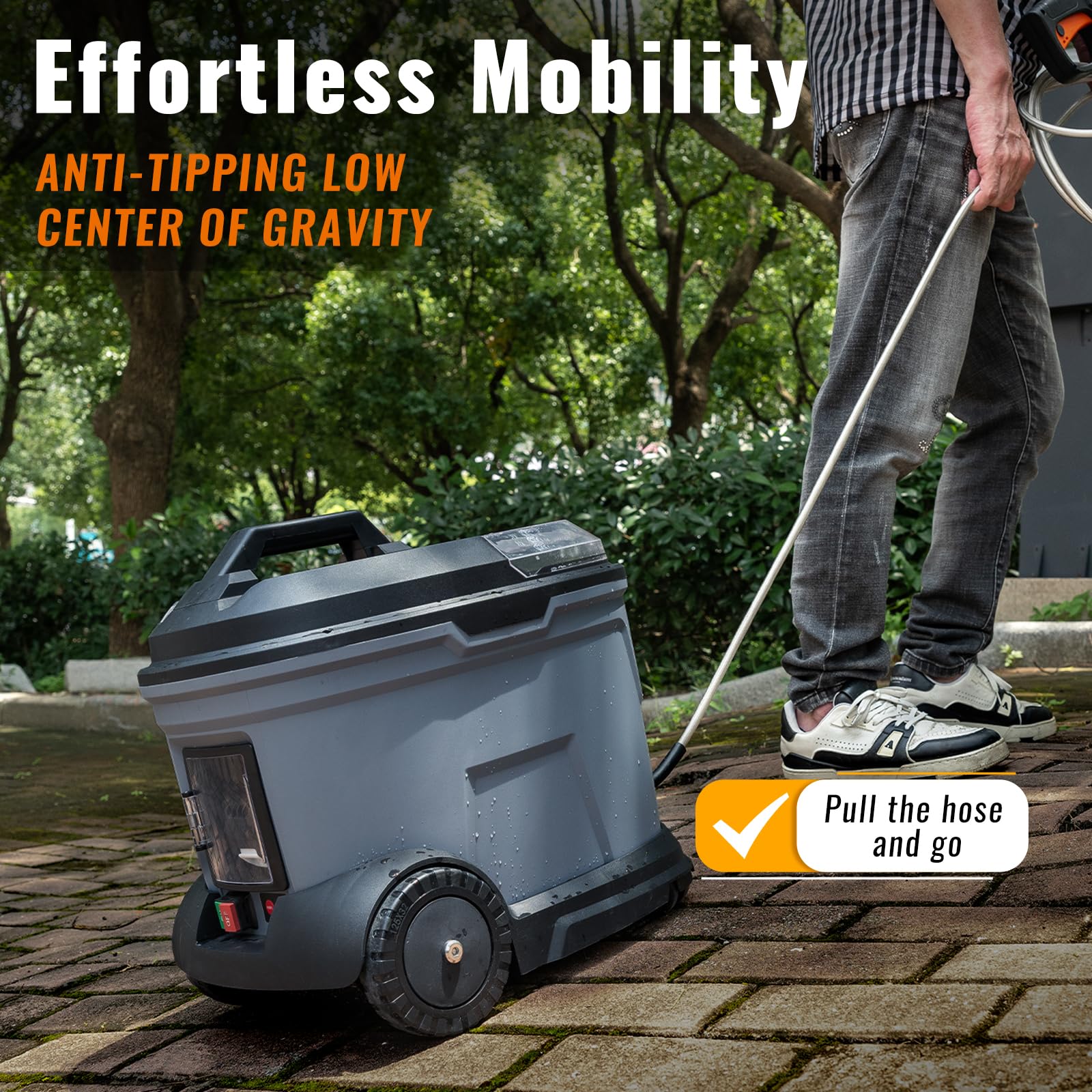 Flowmangol caster and 5-inch rear wheel detail for stable transport