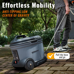 Flowmangol caster and 5-inch rear wheel detail for stable transport