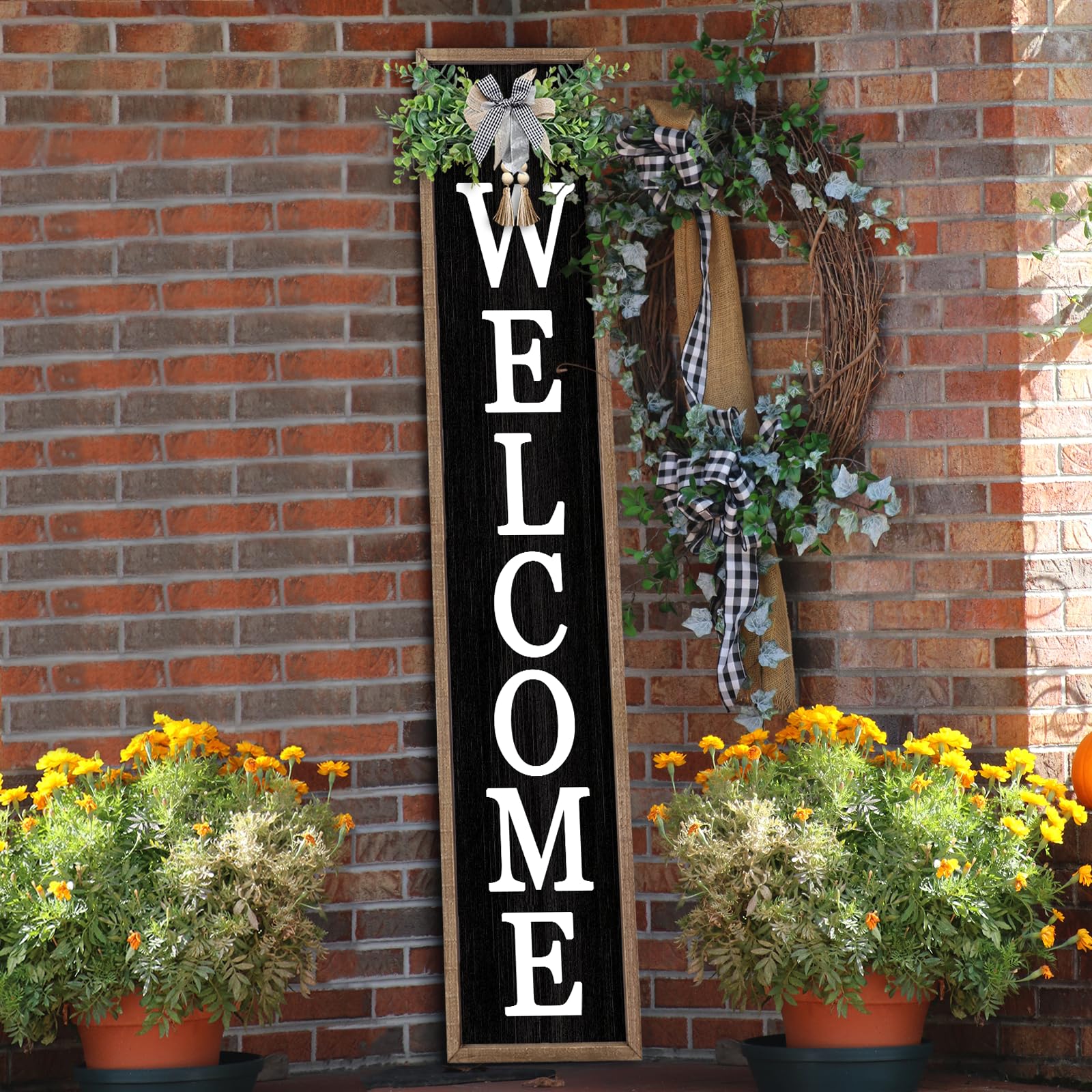 flowtorely front view of wooden welcome sign showing overall design and charm