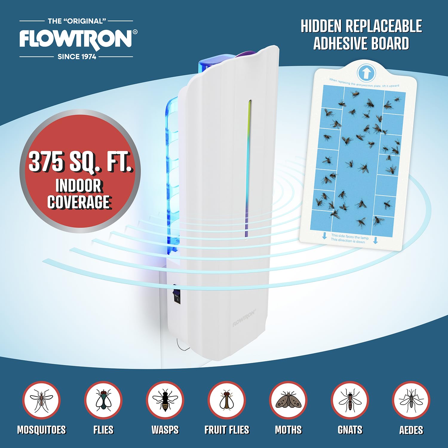 Flowtron adhesive board detail showing sticky surface for hygienic insect capture