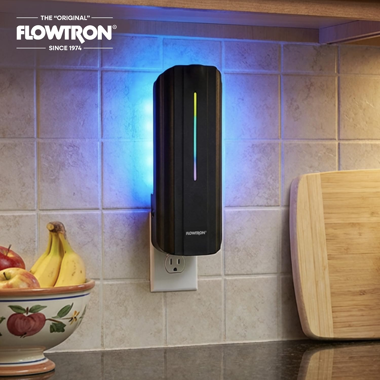 Flowtron back panel label showing specifications and replaceable bulb information benefit