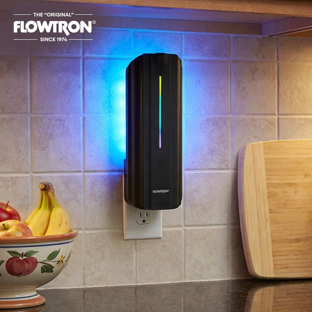 Flowtron back panel label showing specifications and replaceable bulb information benefit