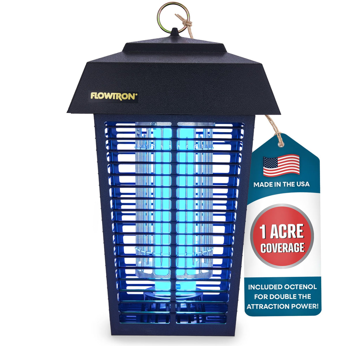 Flowtron front view lantern showing hanging design and coverage benefit