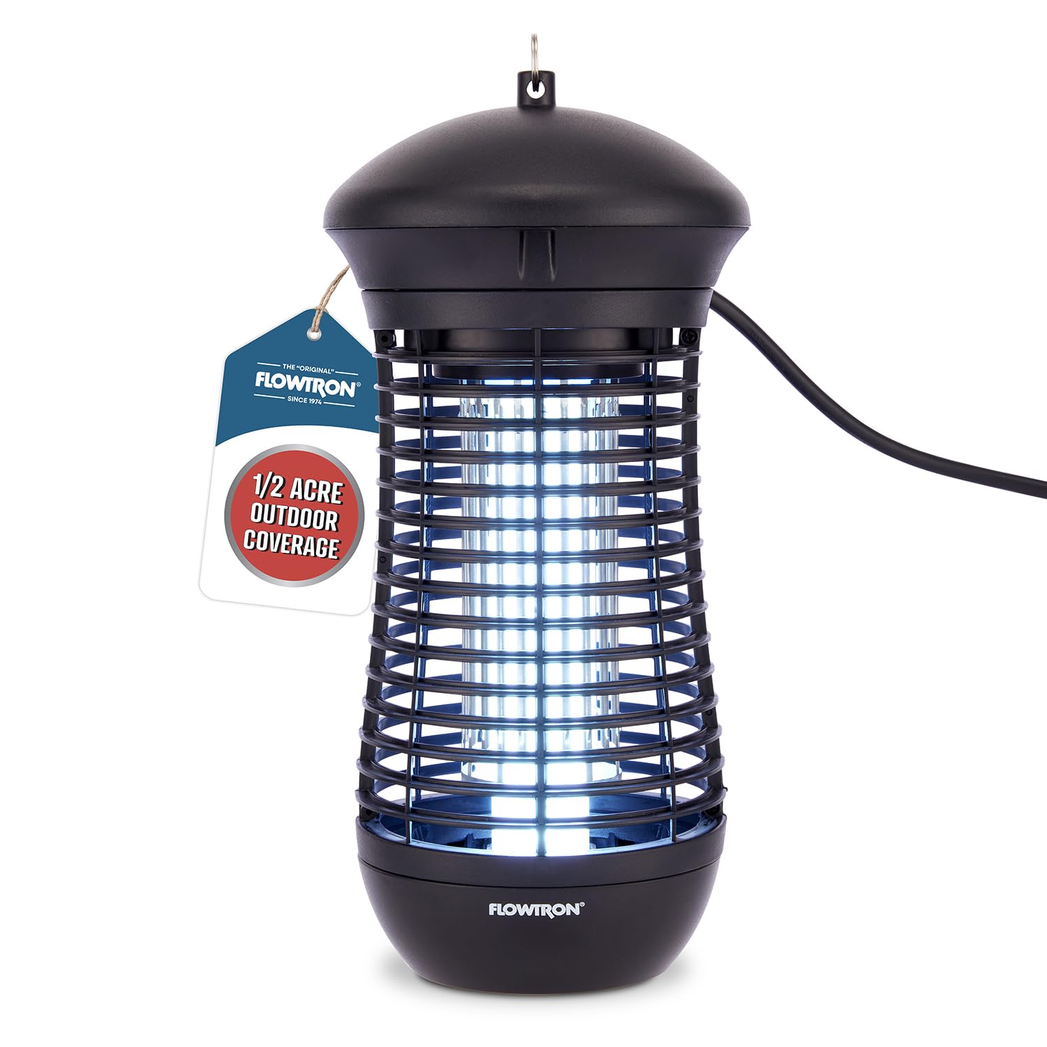 Flowtron front view of outdoor zapper showing compact weatherproof housing and immediate protection