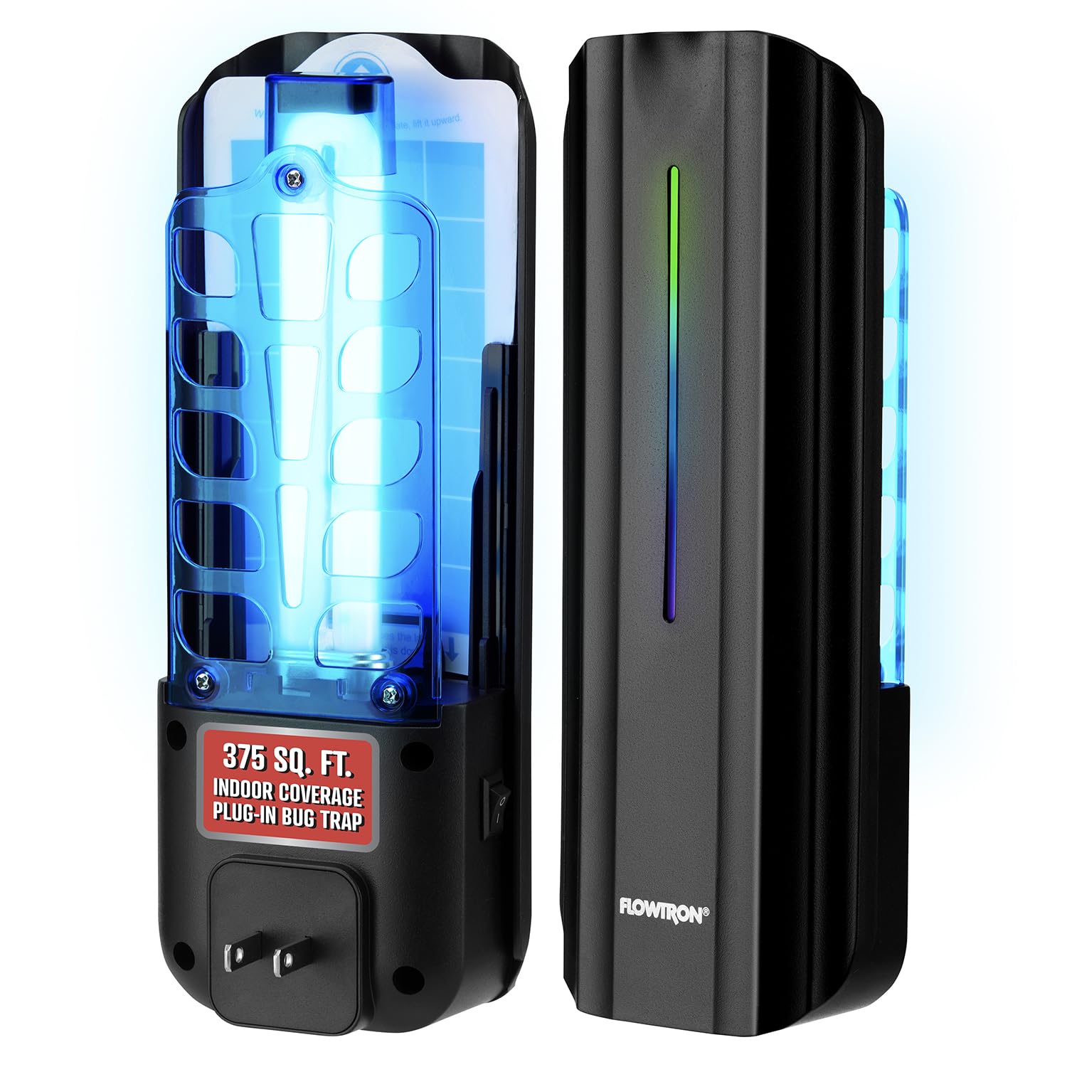Flowtron front view showing sleek black trap and easy wall plug, discreet pest control benefit