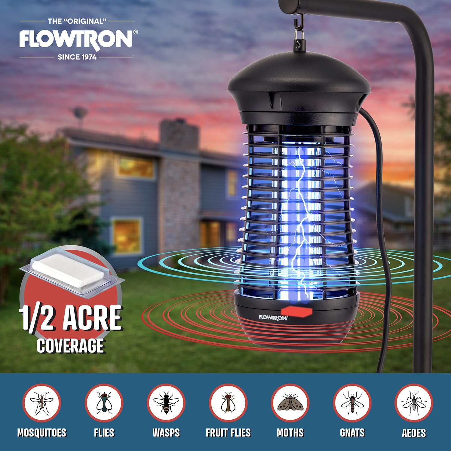 Flowtron electric grid detail illustrating 4000V shock grid that instantly eliminates flying insects