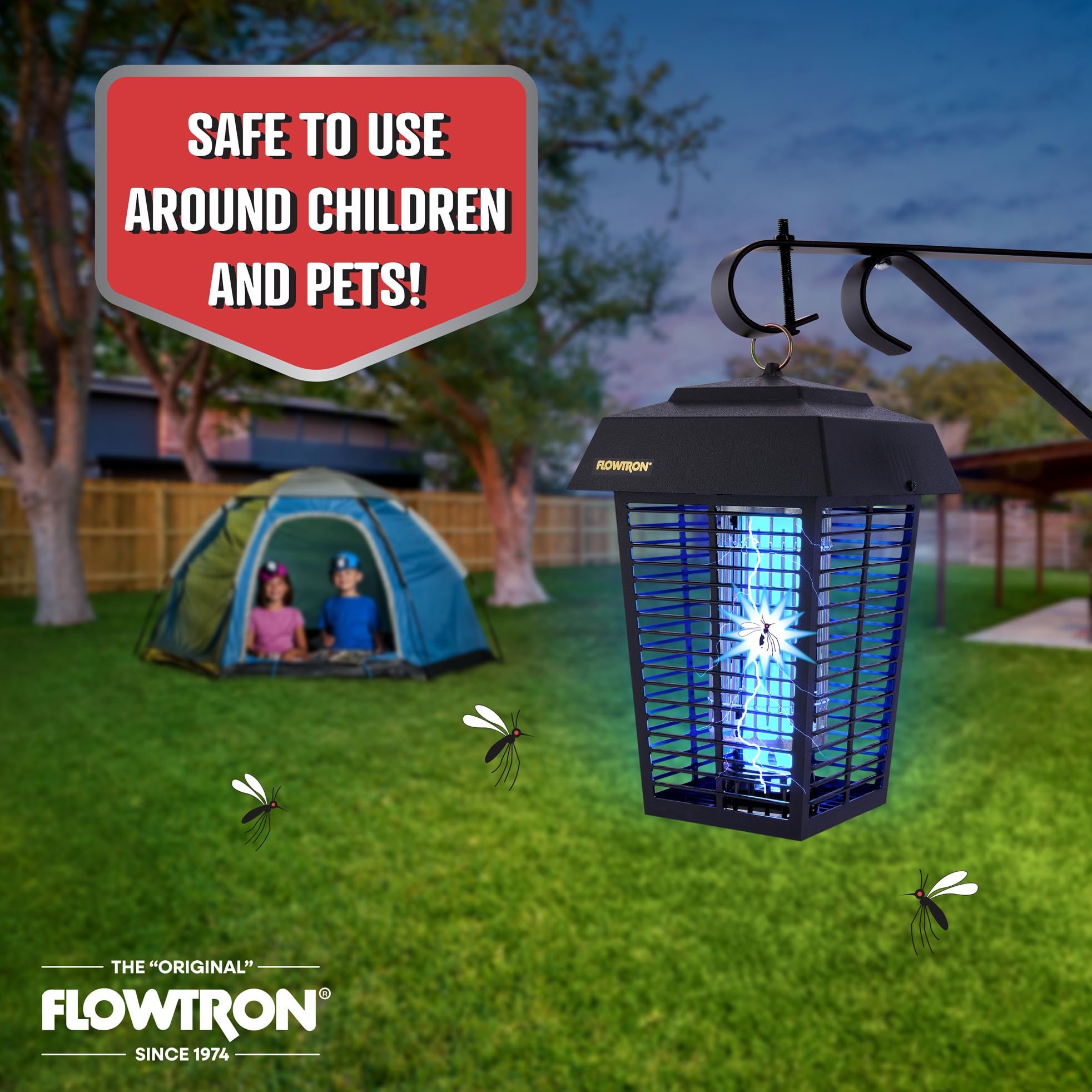 Flowtron hanging on patio showing outdoor protection benefit