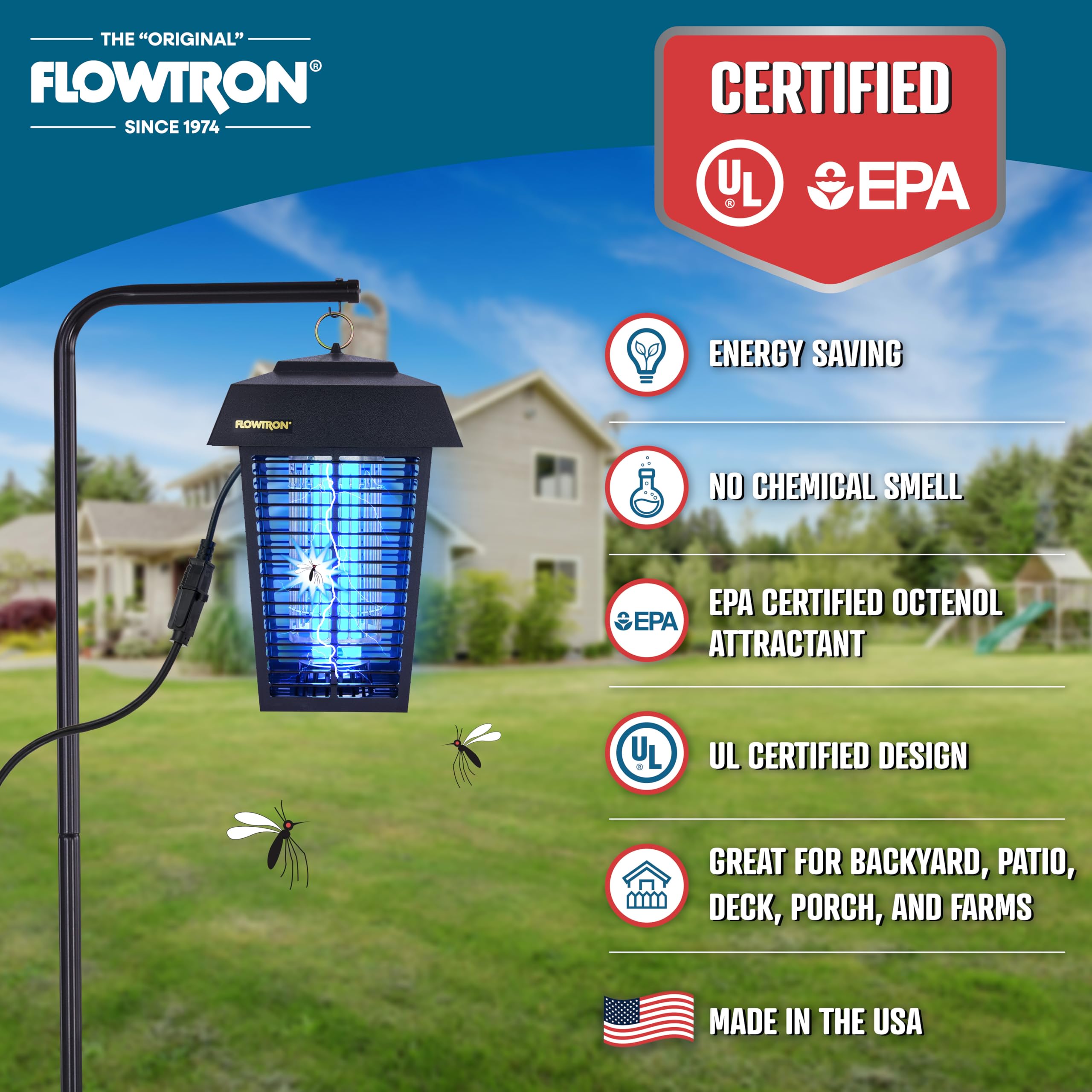 Flowtron in-use backyard evening showing quiet pest control benefit