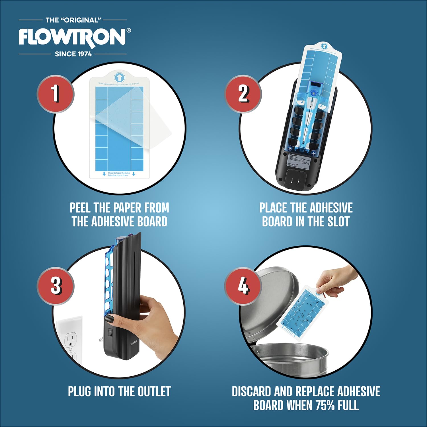 Flowtron on a kitchen counter trapping fruit flies, showing hygienic, pesticide-free pest control benefit