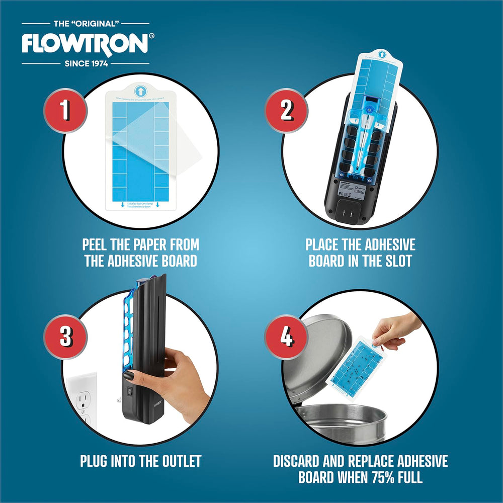 Flowtron on a kitchen counter trapping fruit flies, showing hygienic, pesticide-free pest control benefit