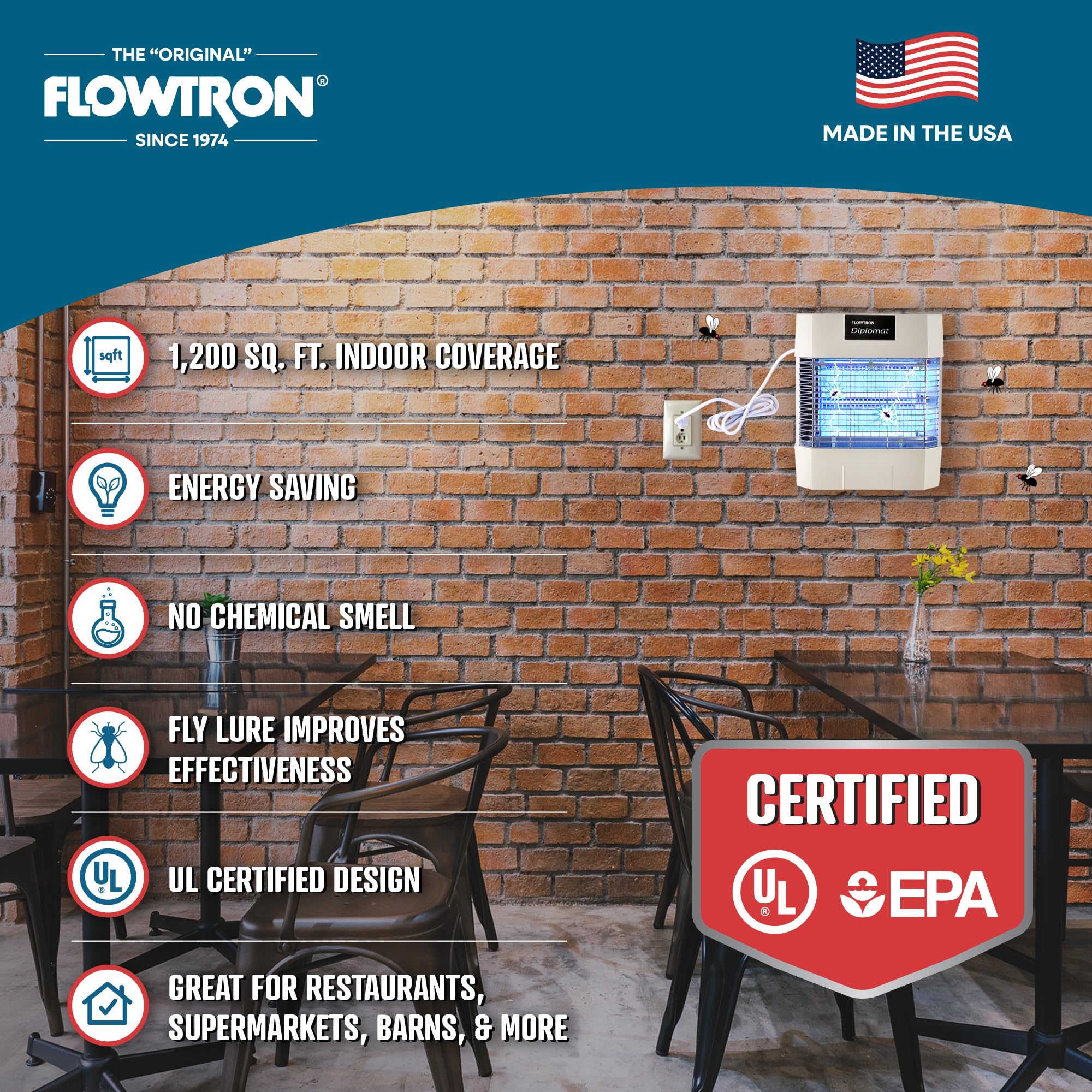 Flowtron label and specs close-up reassuring UL certified benefit