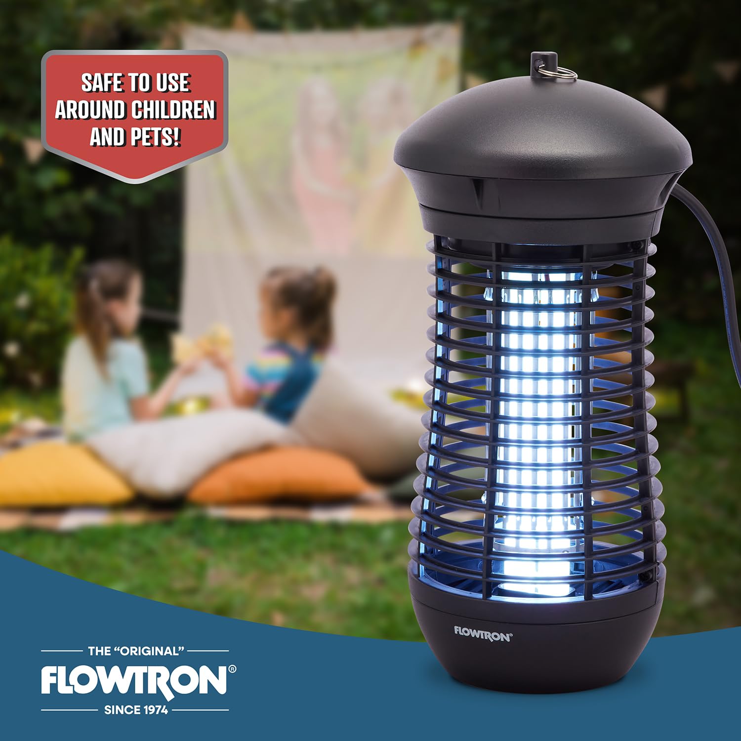 Flowtron in backyard at dusk demonstrating insect control for outdoor gatherings and relaxation