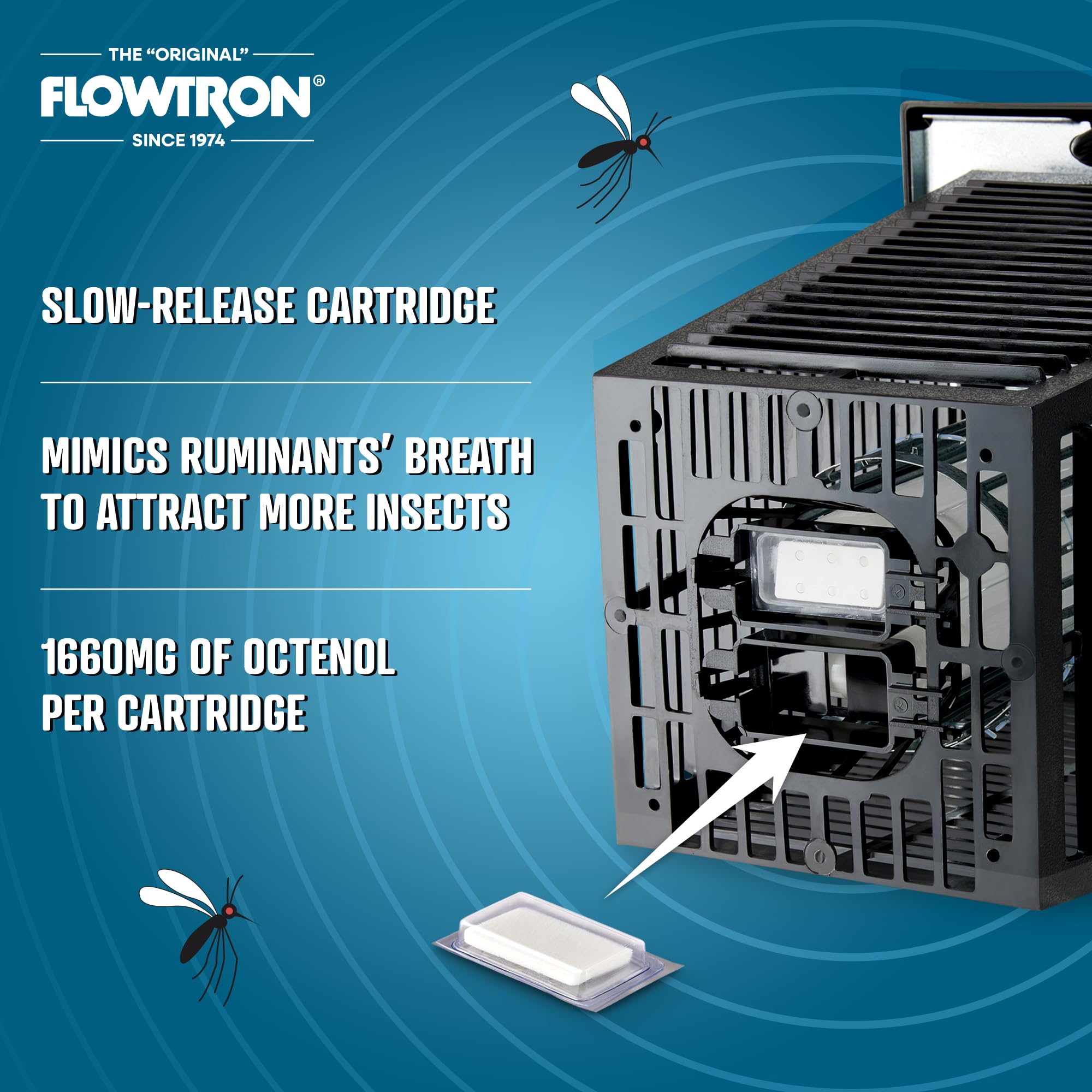 Close-up of a Flowtron cartridge detail showing the slow-release tip and clear labeling benefit