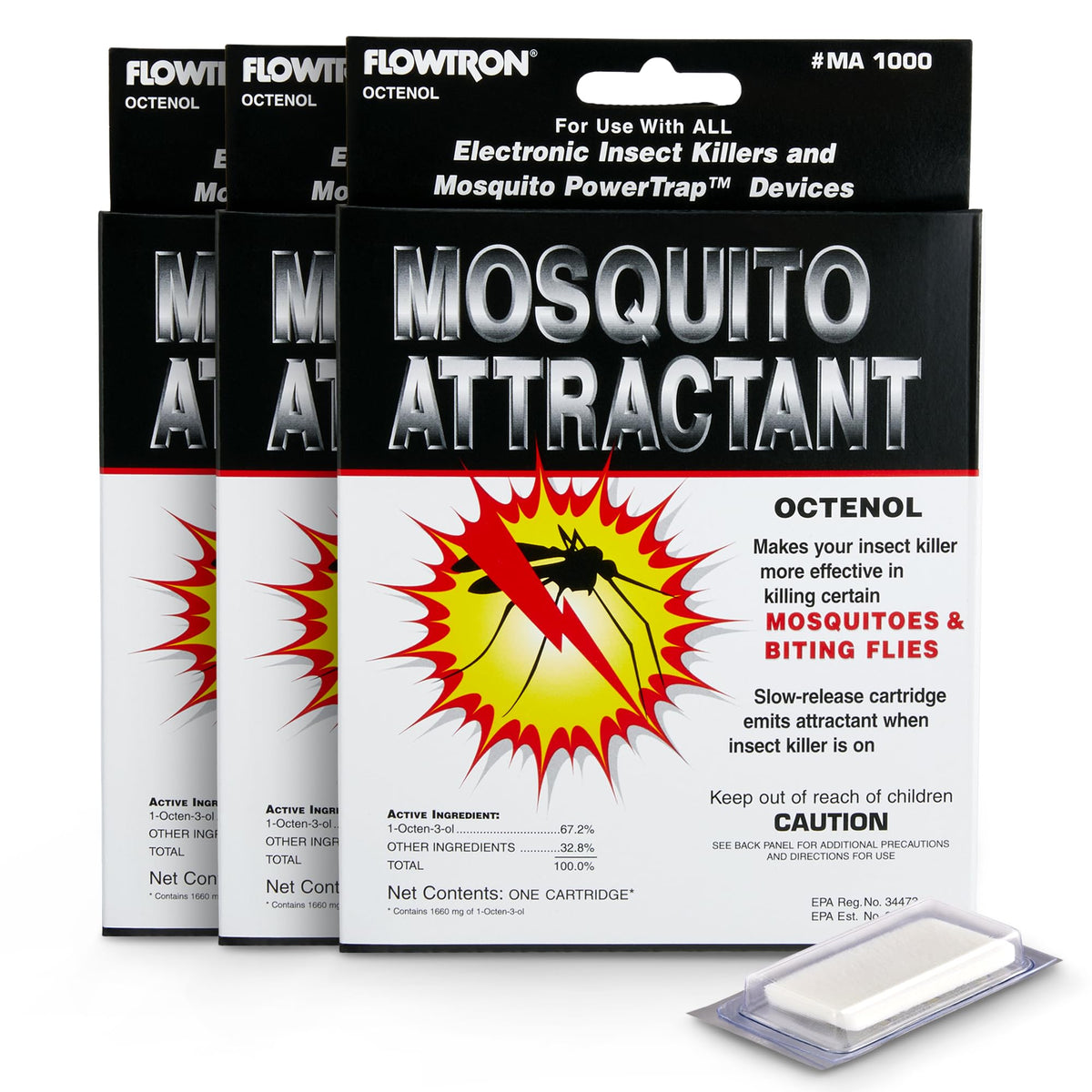Flowtron cartridge front packaging showing three-pack and compatibility benefit