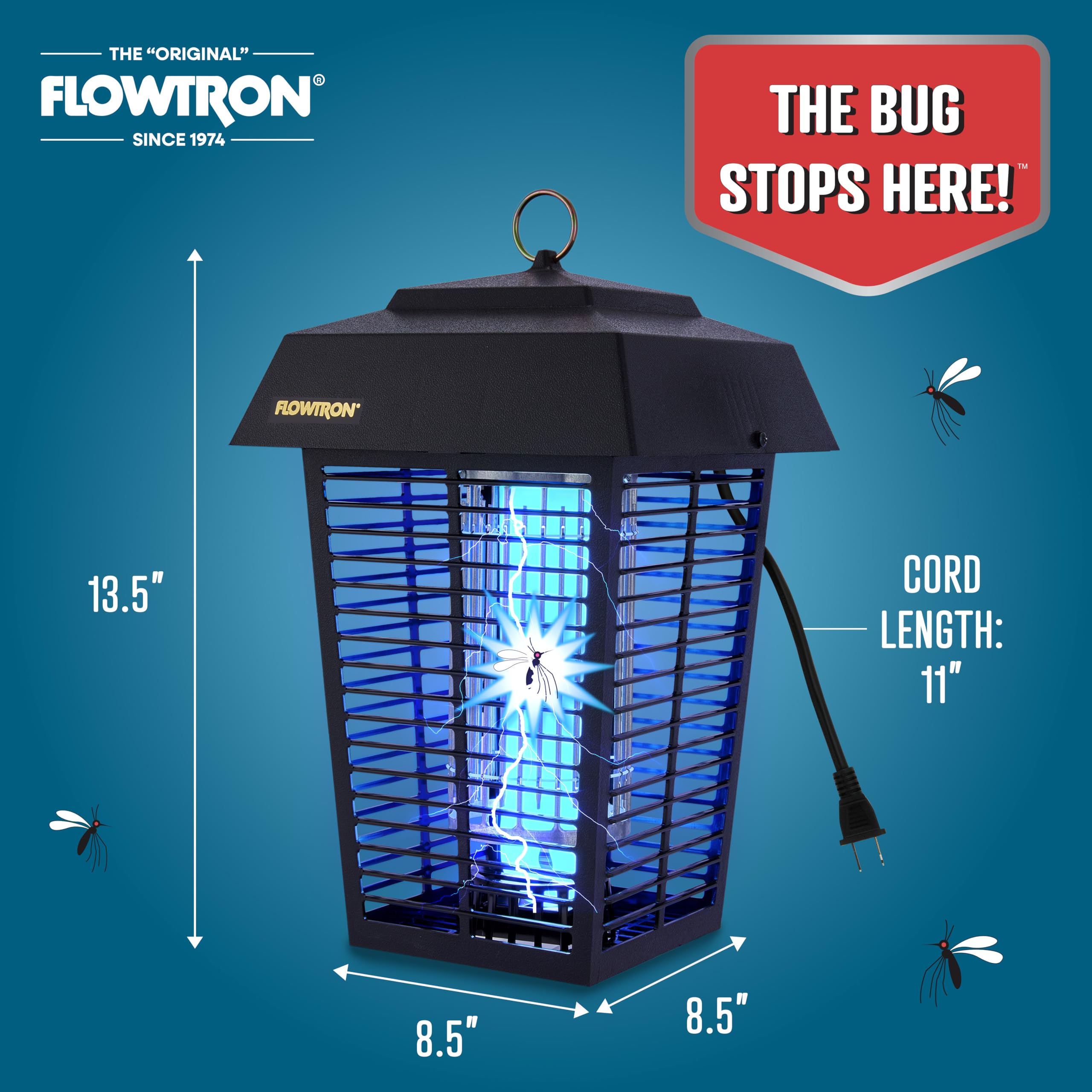 Flowtron mounted on pole in yard reducing insects near outdoor seating