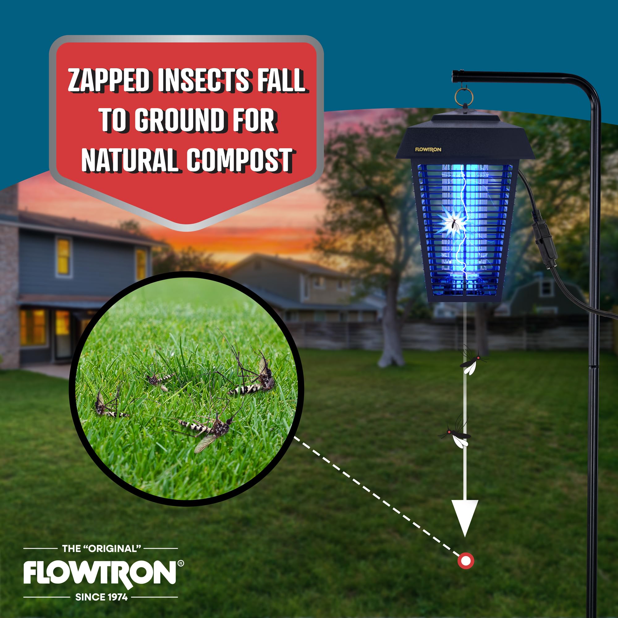 Flowtron mounted on a tree at evening creating wide-area insect control around yard