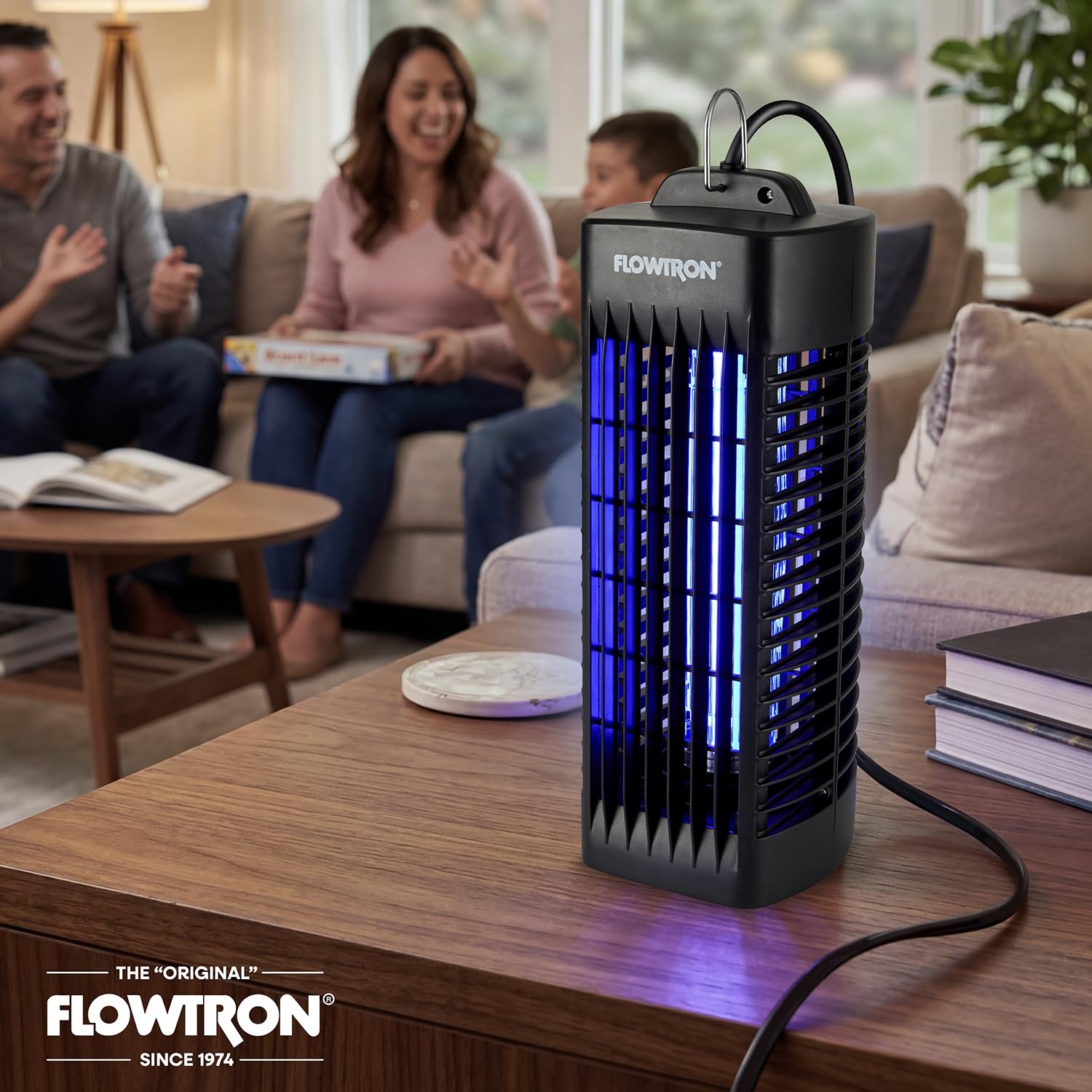 Flowtron held in hand showing slim portable size for easy room-to-room movement