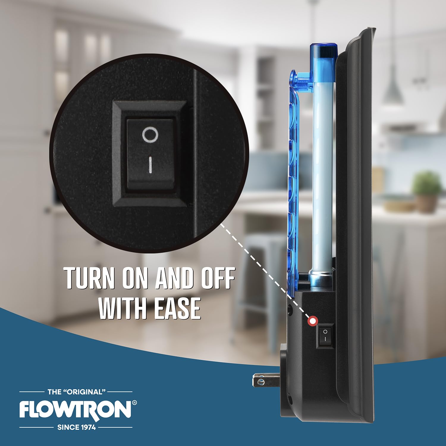 Flowtron next to coffee mug for scale showing compact footprint and space-saving benefit